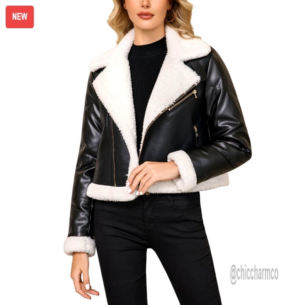 Faux Fur Lined Leather Moto Jacket Cropped Biker Coat Chic Y2K Style